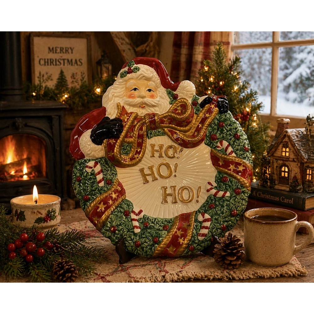 Fitz and‎ Floyd Essentials Santa Wreath Decorative Plate Ho Ho Ho Christmas 9"